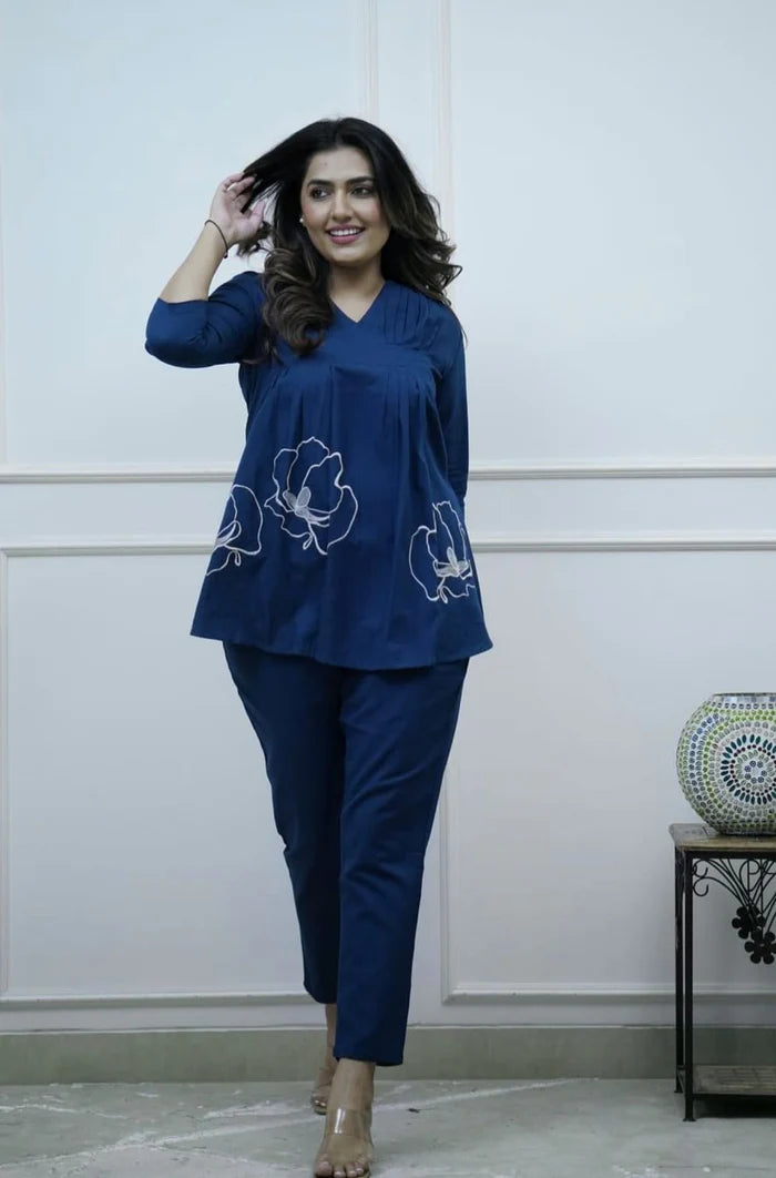 Rangritiya™ Navy Blue Floral Peplum Set - Stylish Cord-Set for Women L