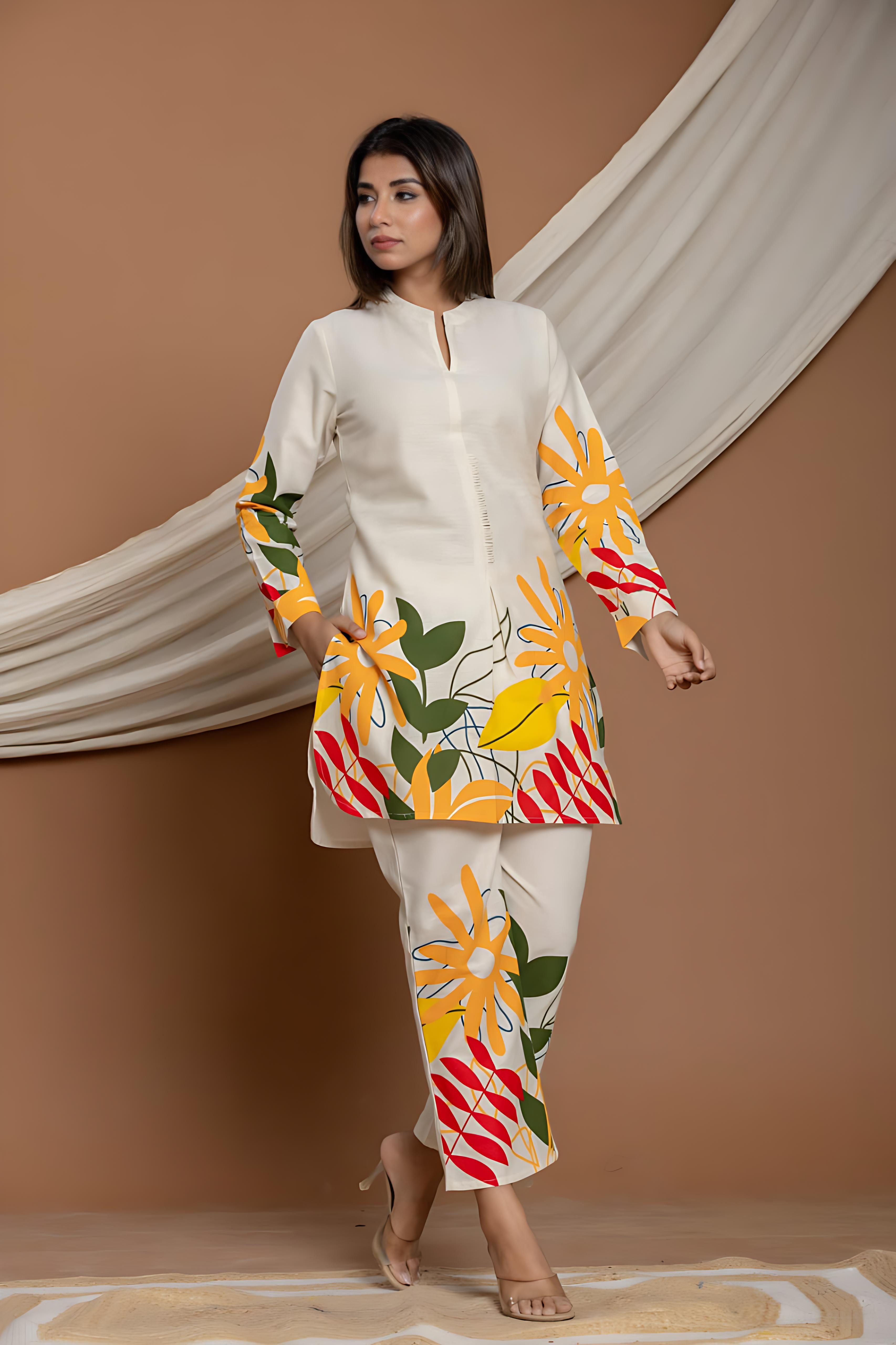 Rangritiya™ Tropical Bloom Cotton Co-Ord Set | Bold Floral Kurti & Pant Set for Women 38