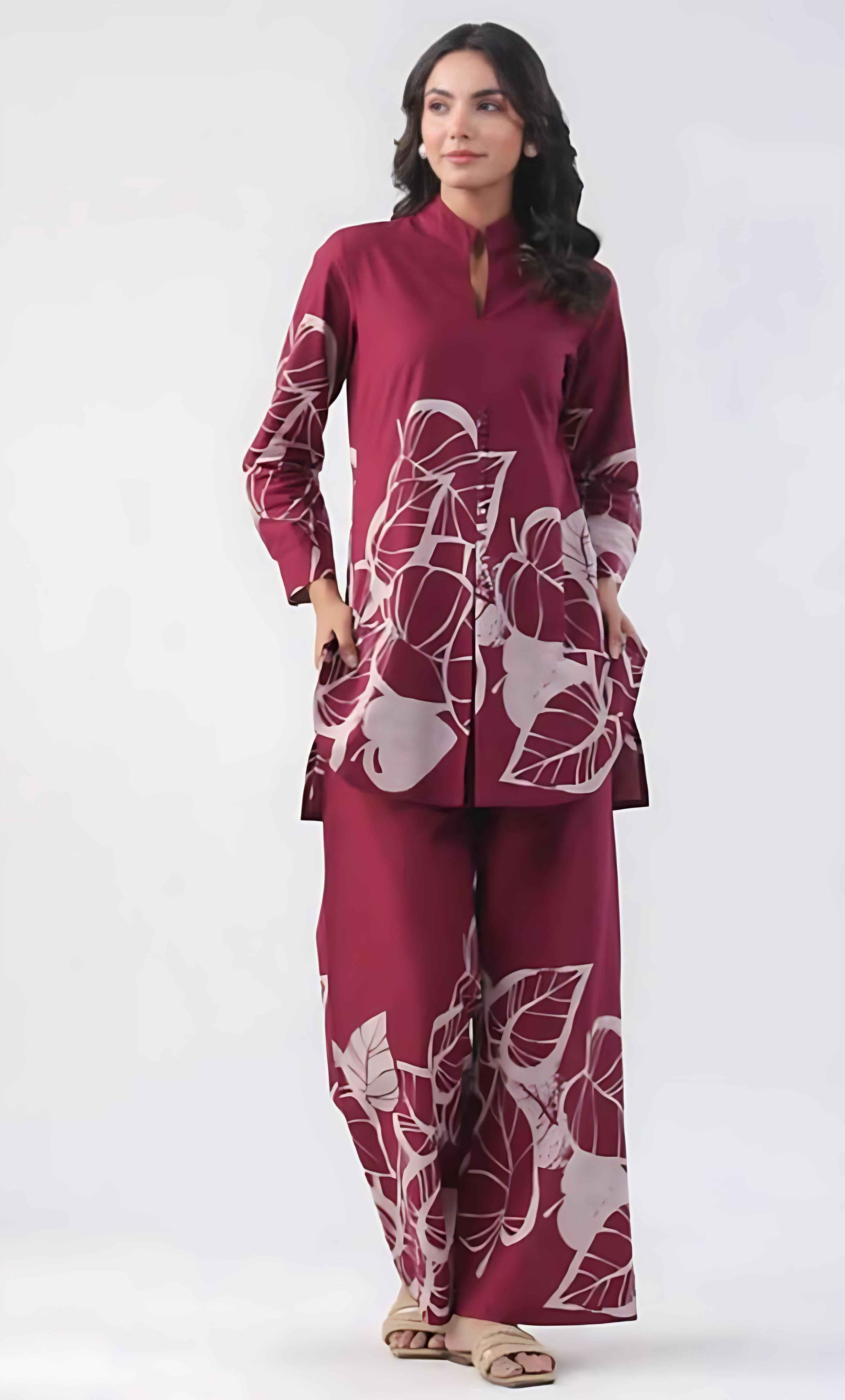 Rangritiya™ Wine Maroon Leaf Print Co-ord Set 40
