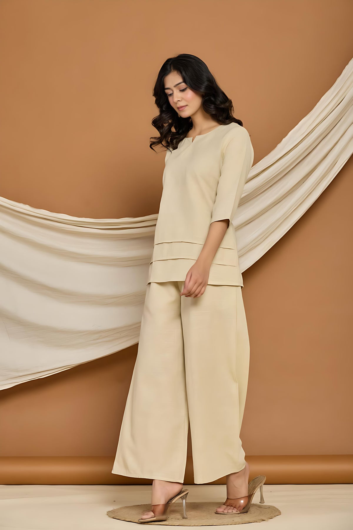 Rangritiya™ Sand Serenity Set | Minimal Cotton-Linen Kurti Pants Co-ord Set in Beige 44 Beige