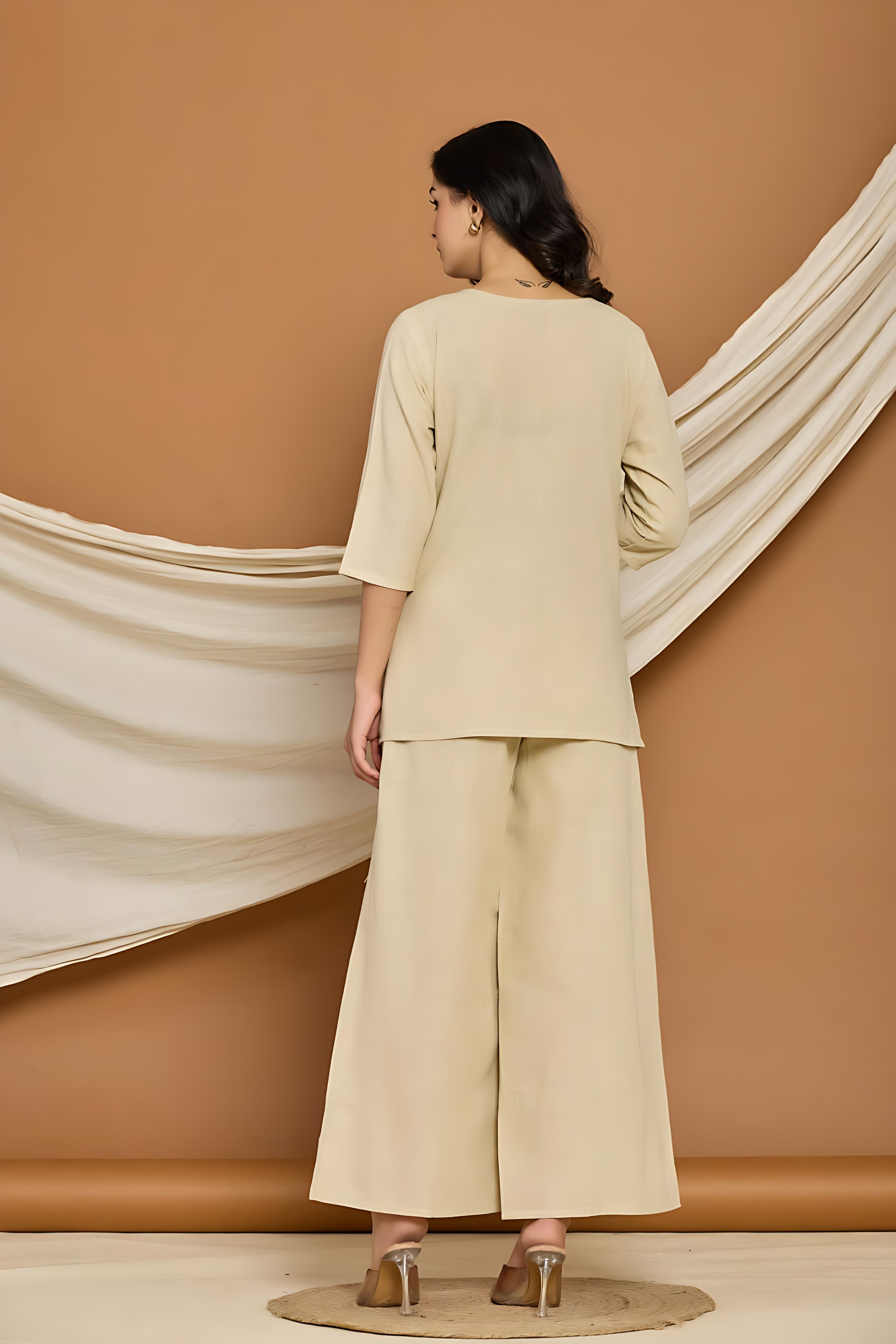Rangritiya™ Sand Serenity Set | Minimal Cotton-Linen Kurti Pants Co-ord Set in Beige 38 Beige