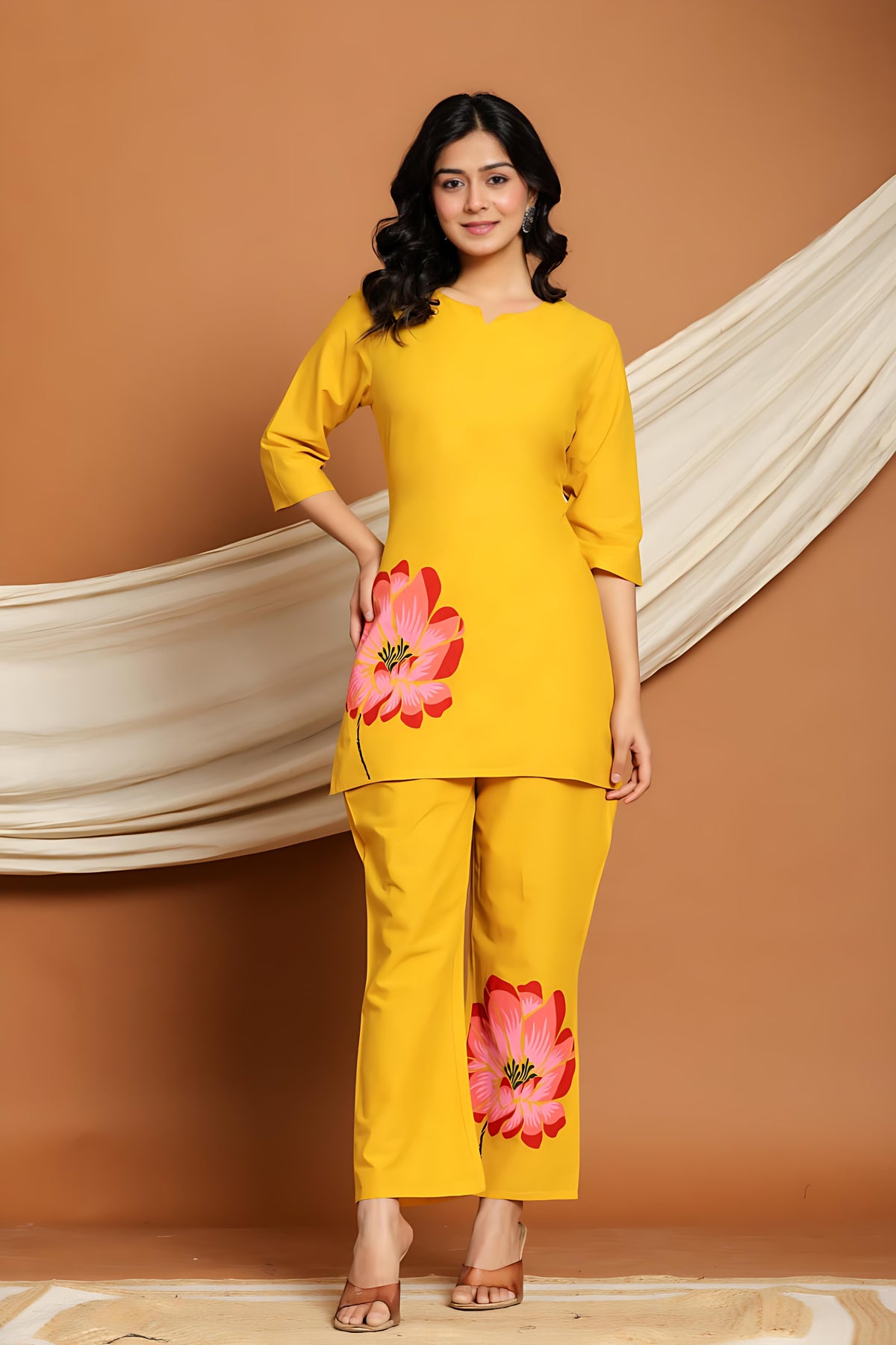Rangritiya™ Mustard Co-ord Set – Hand-Painted Floral Elegance 44