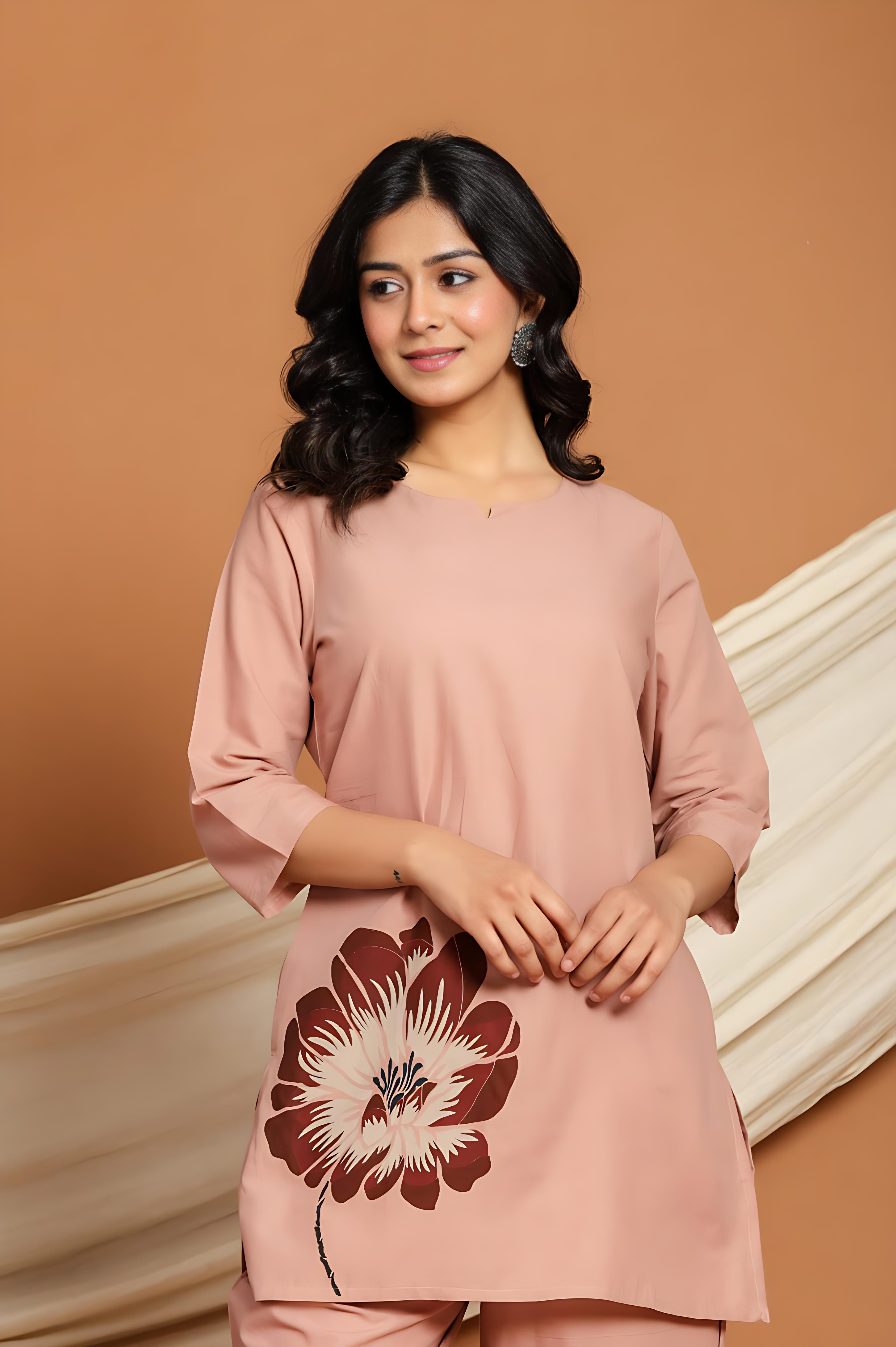 Rangritiya™ Blush Bloom Co-ord Set - Pink Floral Kurti Pant Set for Women 38