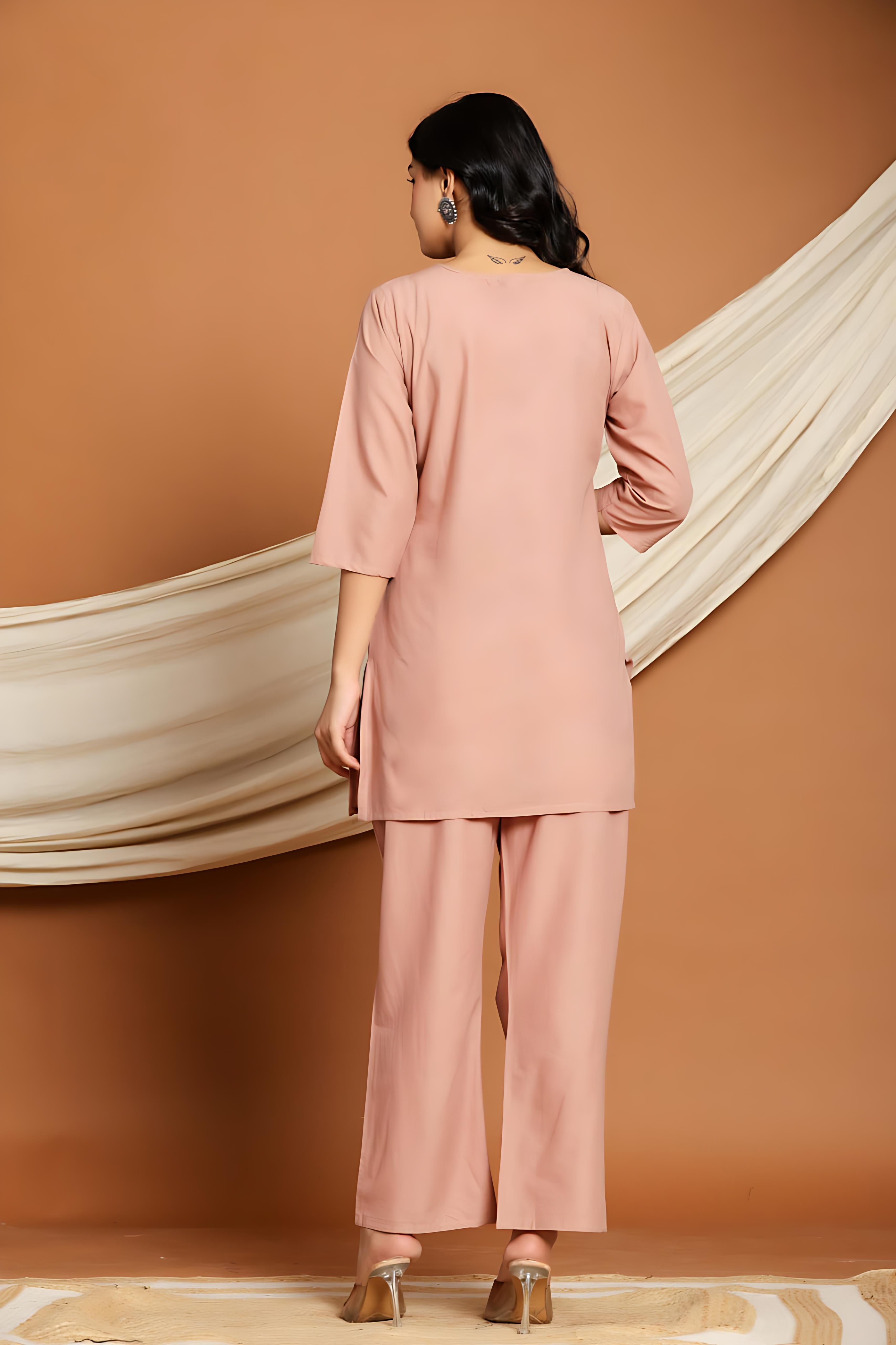 Rangritiya™ Blush Bloom Co-ord Set - Pink Floral Kurti Pant Set for Women
