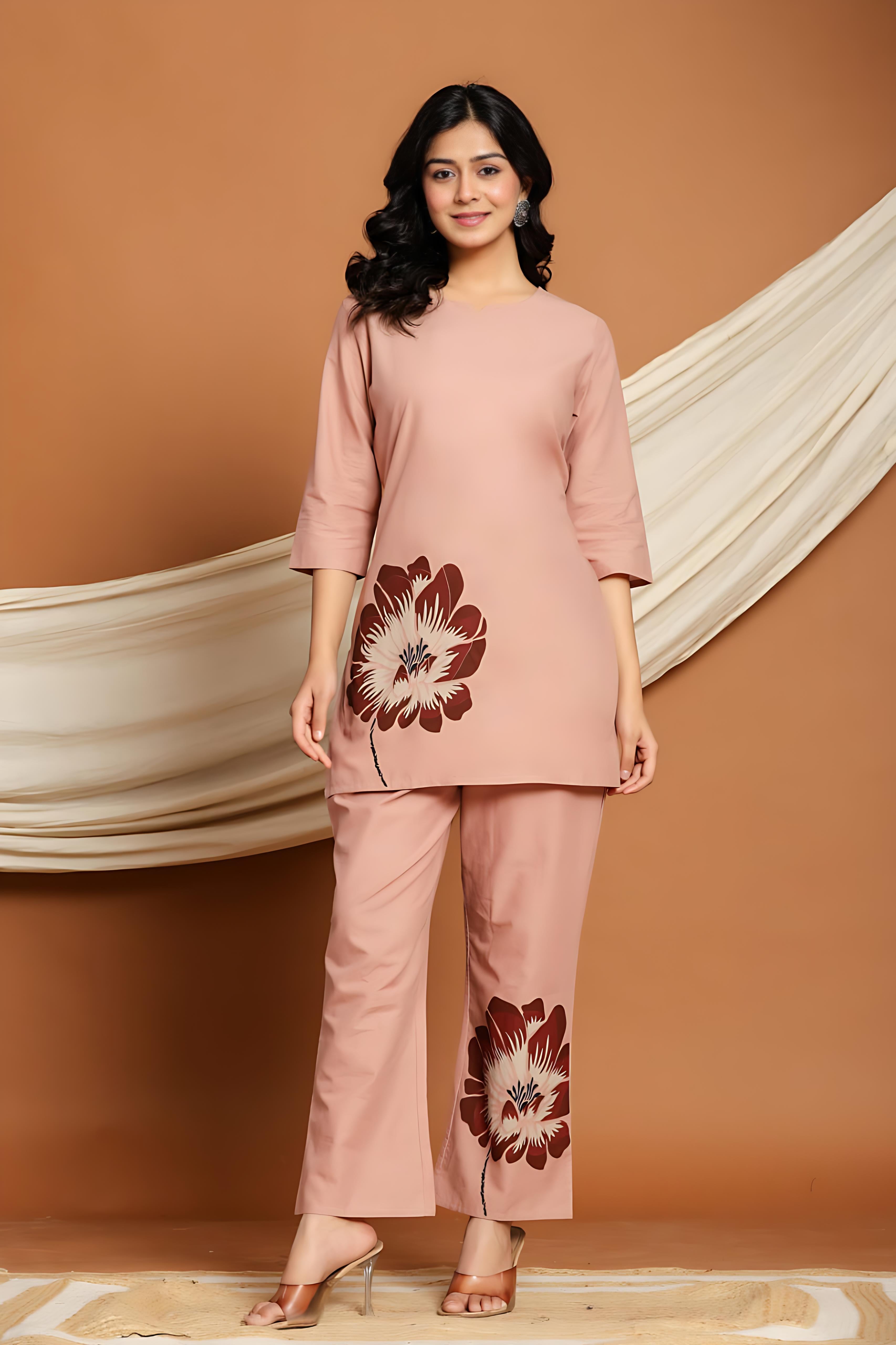 Rangritiya™ Blush Bloom Co-ord Set - Pink Floral Kurti Pant Set for Women