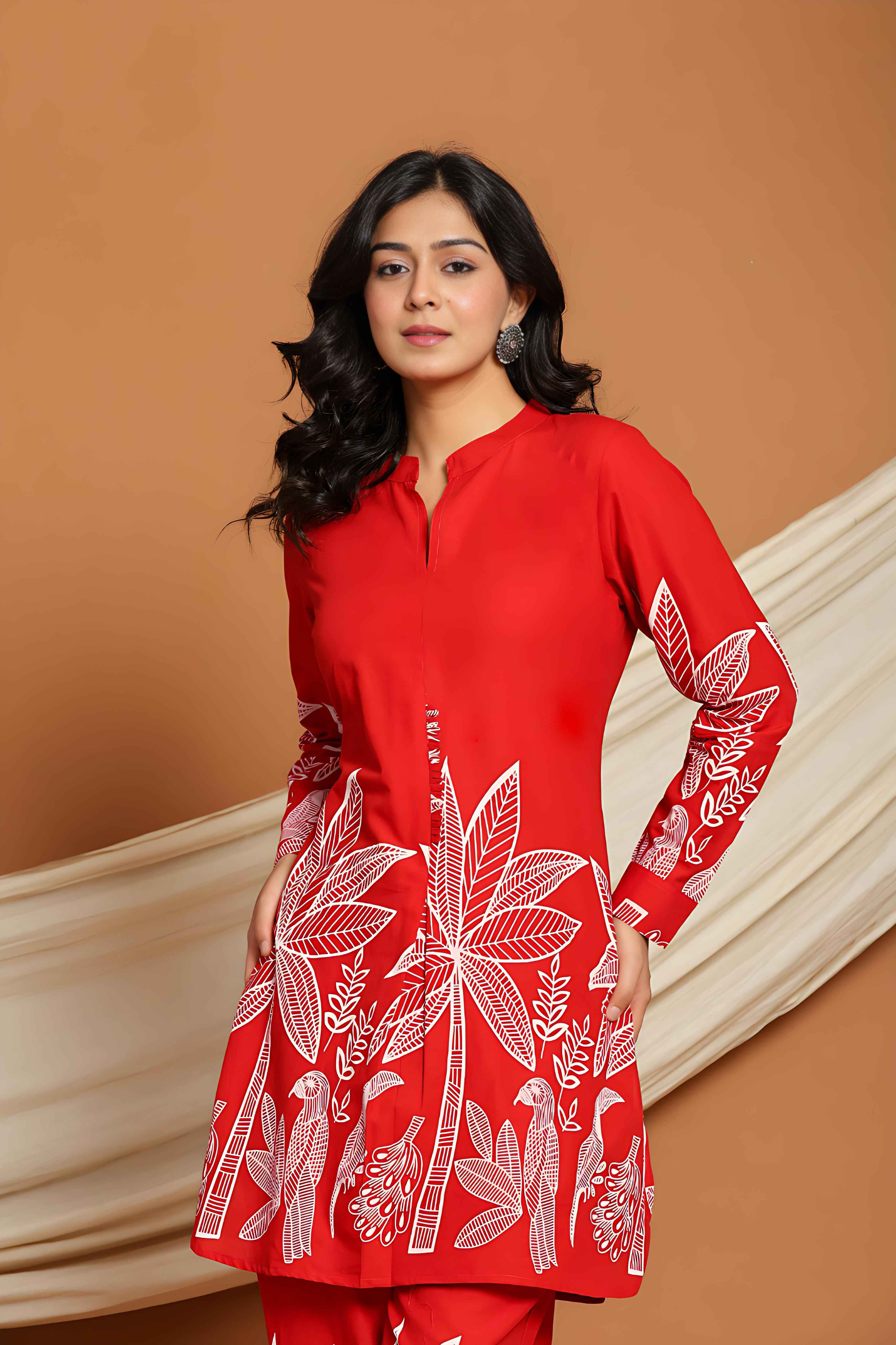 Rangritiya™ Red & White Palm Printed Cotton Co-ord Set Red 38