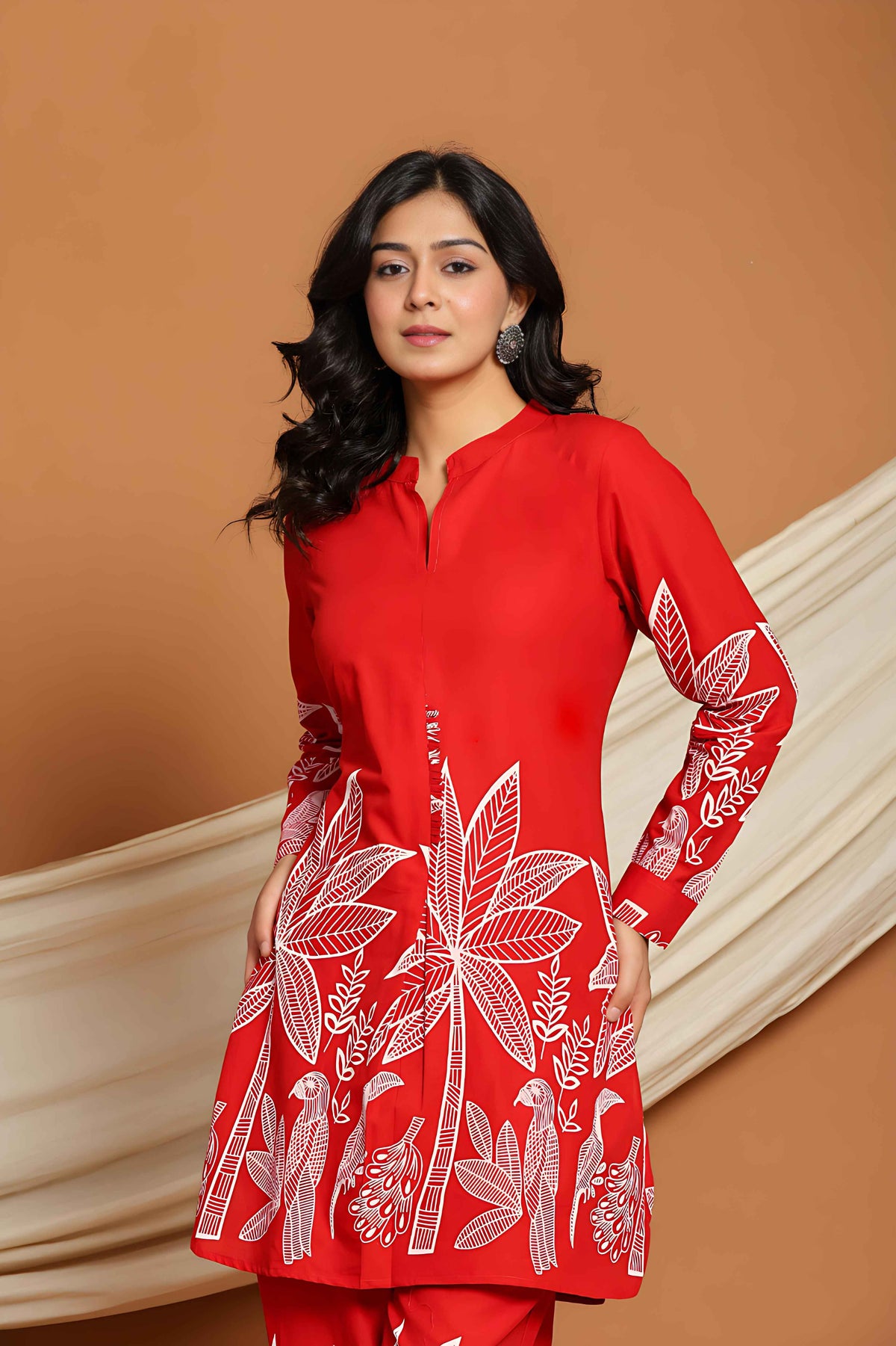 Rangritiya™ Red & White Palm Printed Cotton Co-ord Set Red 38
