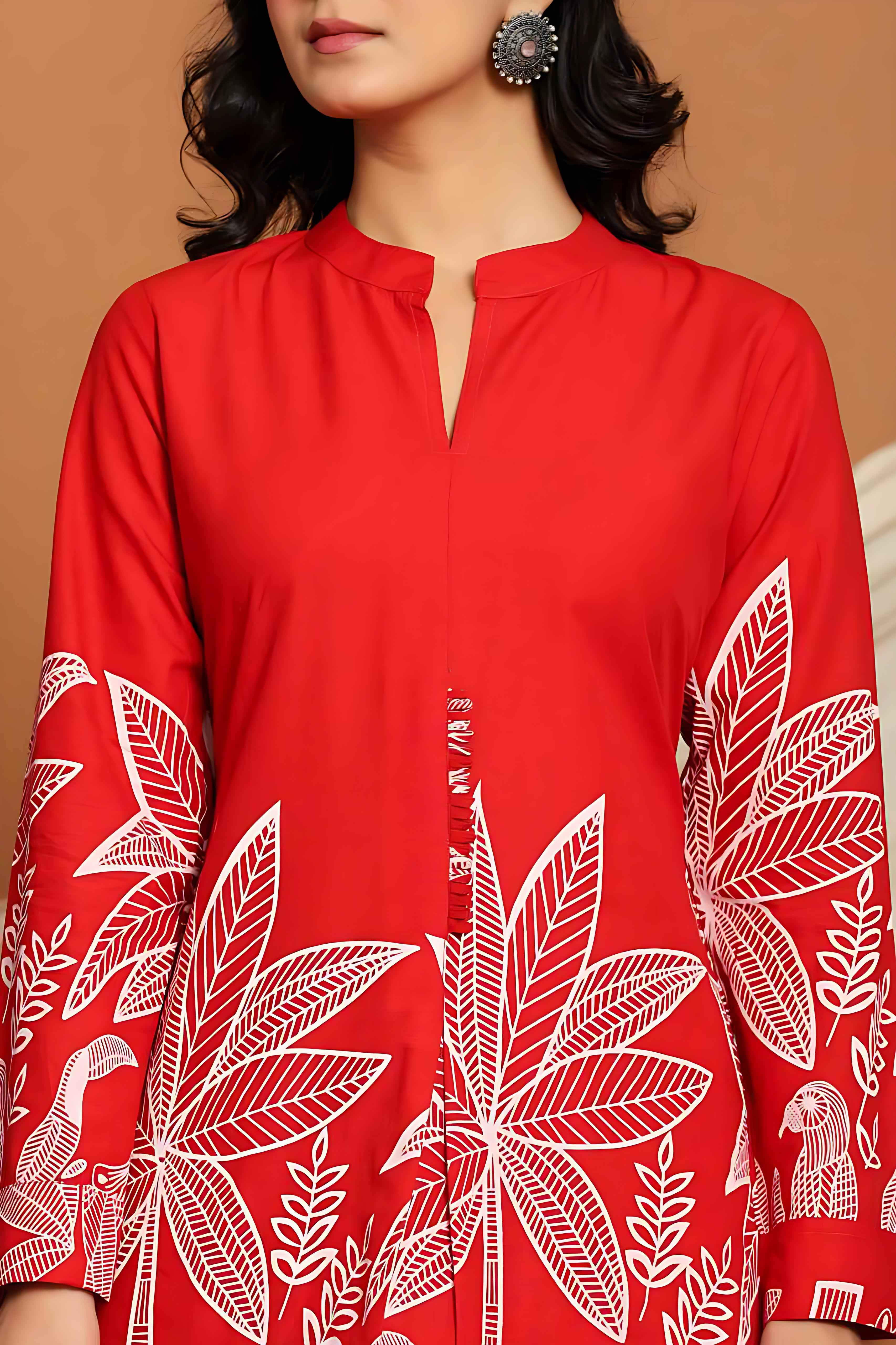 Rangritiya™ Red & White Palm Printed Cotton Co-ord Set