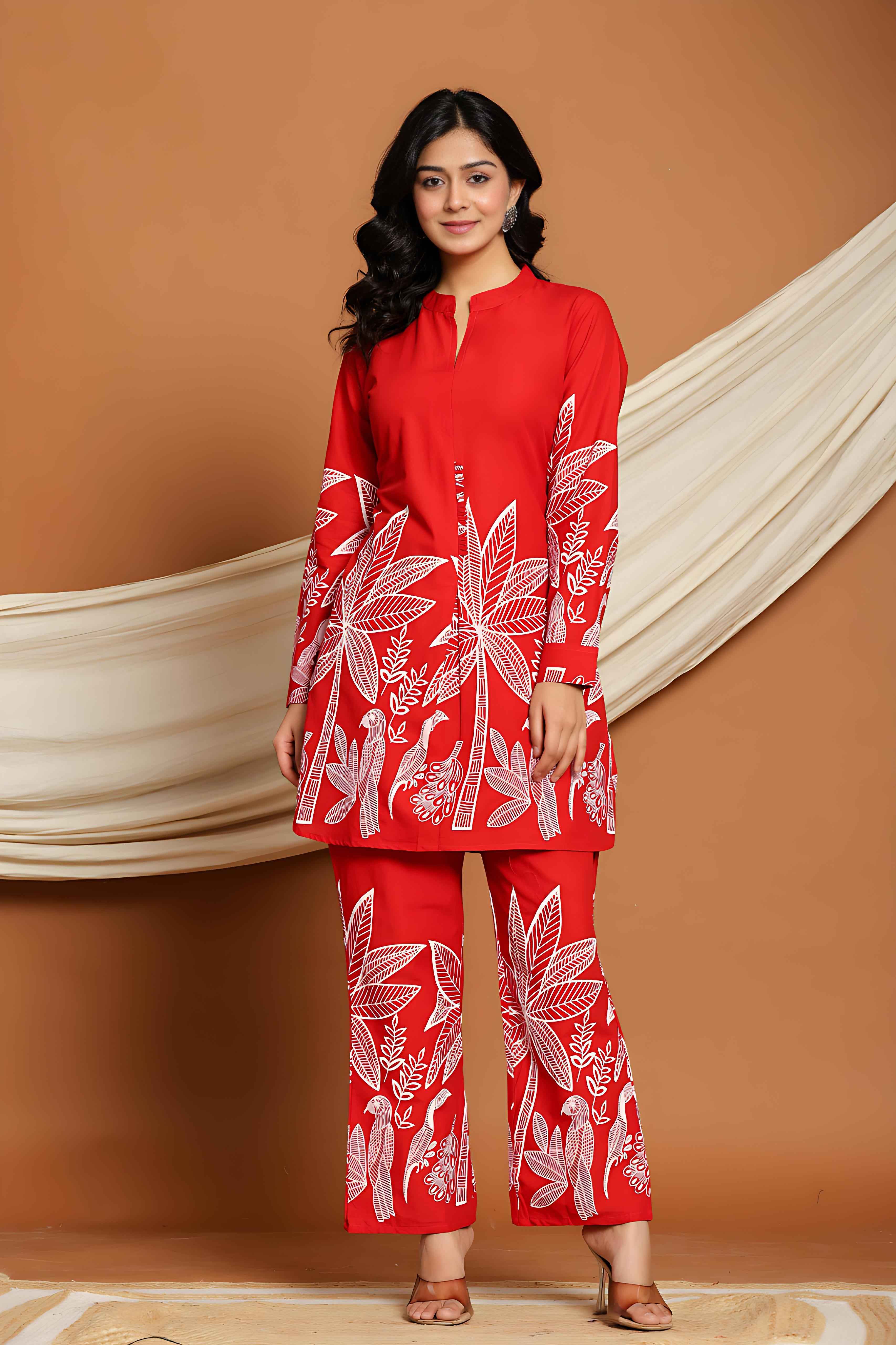 Rangritiya™ Red & White Palm Printed Cotton Co-ord Set Red 42
