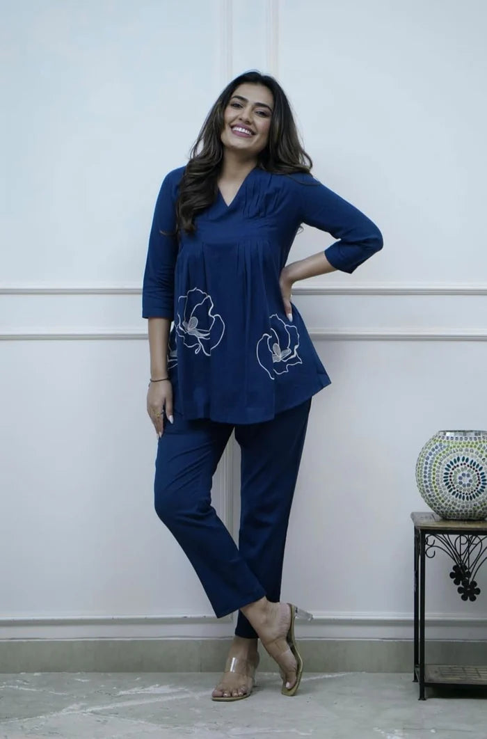 Rangritiya™ Navy Blue Floral Peplum Set - Stylish Cord-Set for Women